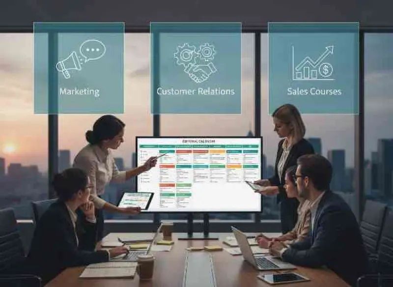 Arbetsgrupp planerar innehåll i en kalender på en skärm