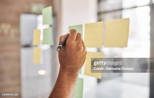 Hand skriver med penna på en färgad lapp bland flera post-it-lappar